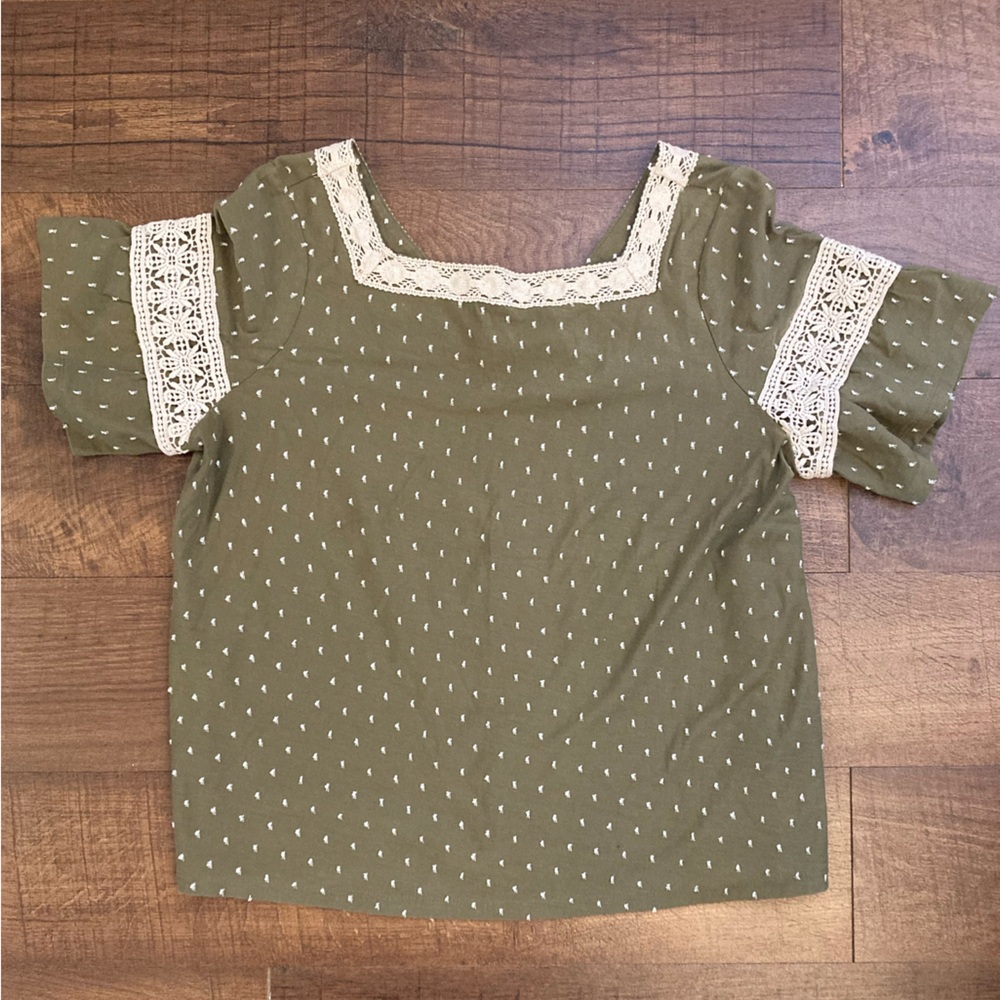 Anthropologie Maeve Boho Earthy Olive Top FlareSleeve Cottagecore Women’s L